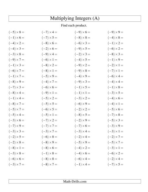 Multiplying Integers Negative Multiplied By A Positive Range 9 To