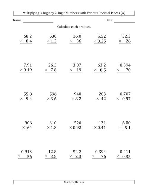 Multiplying Three Digit By Two Digit With Various Decimal Places A