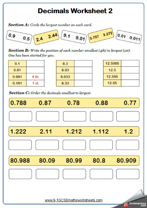 Ordering Decimals Maths Worksheet And Answers GCSE Foundation Grade 1 