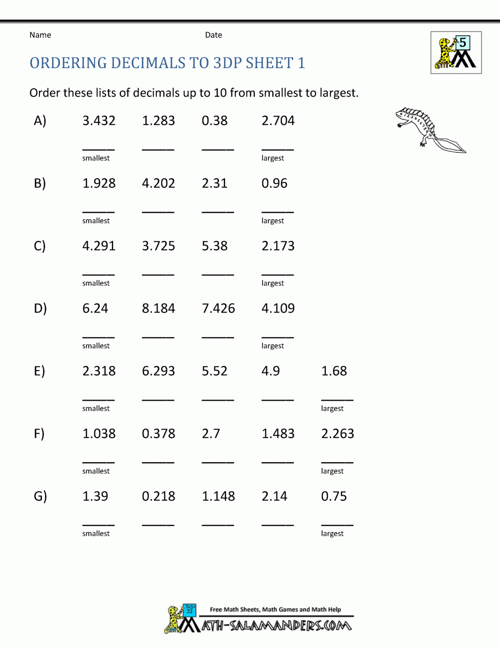 Ordering Decimals Up To 3dp