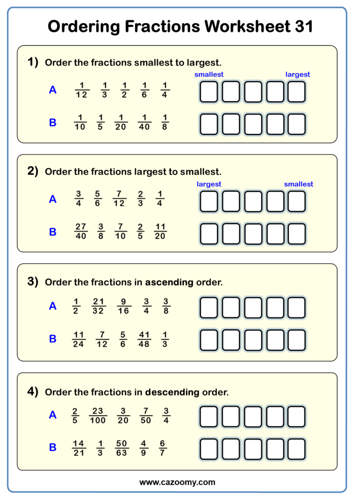 Ordering Fractions Worksheets Practice Questions And Answers Cazoomy