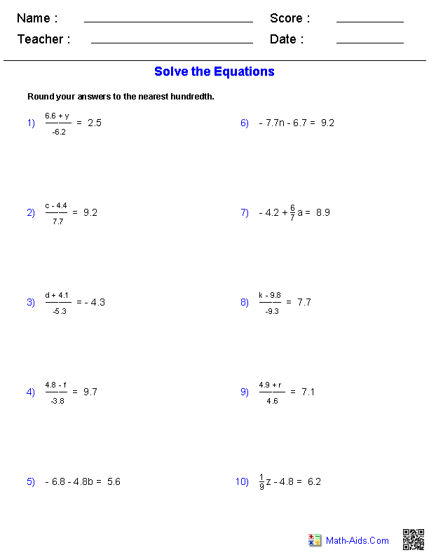 Pre Algebra Worksheets Equations Worksheets