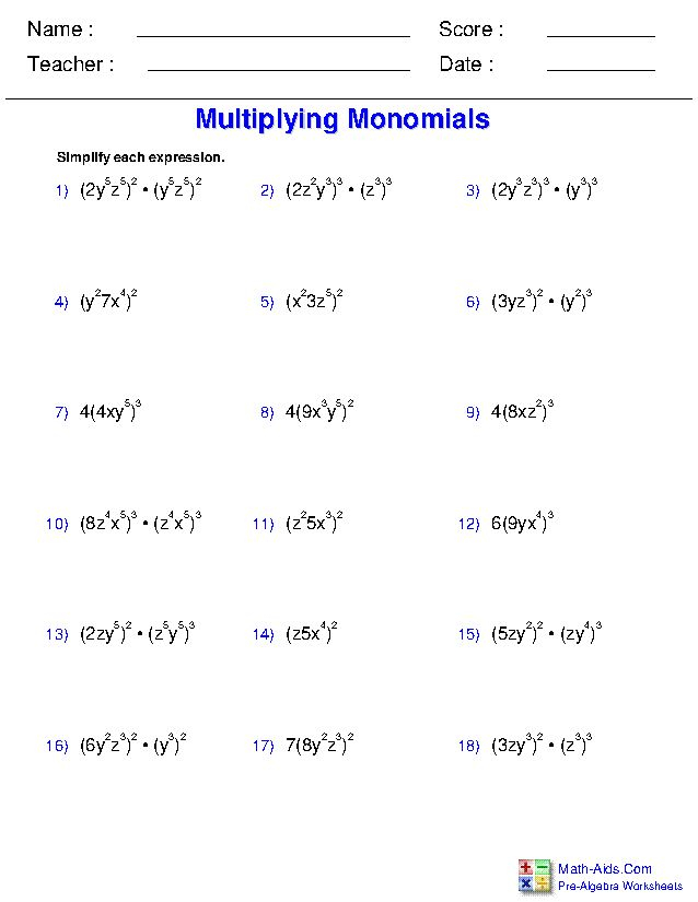 Pre Algebra Worksheets Monomials And Polynomials Worksheets Algebra 