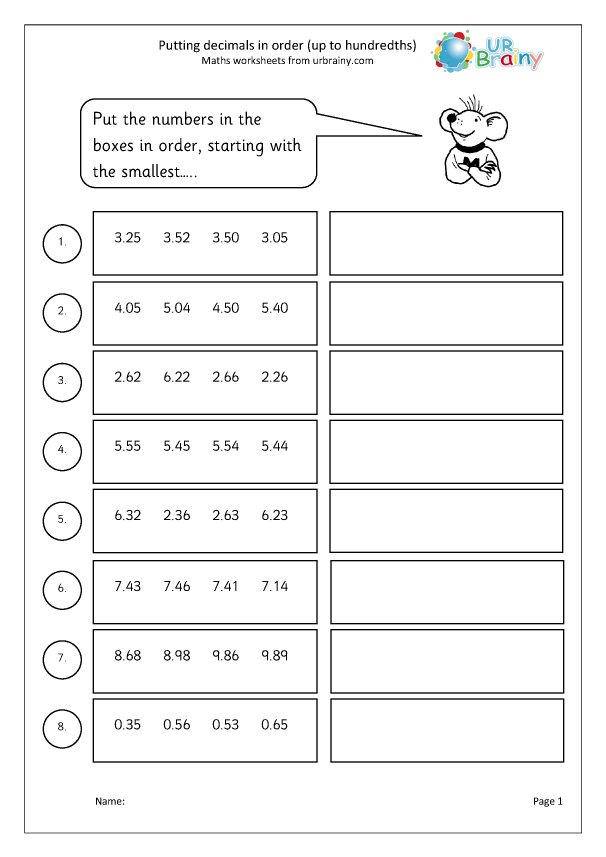 Putting Decimals In Order hundredths Fraction And Decimal 