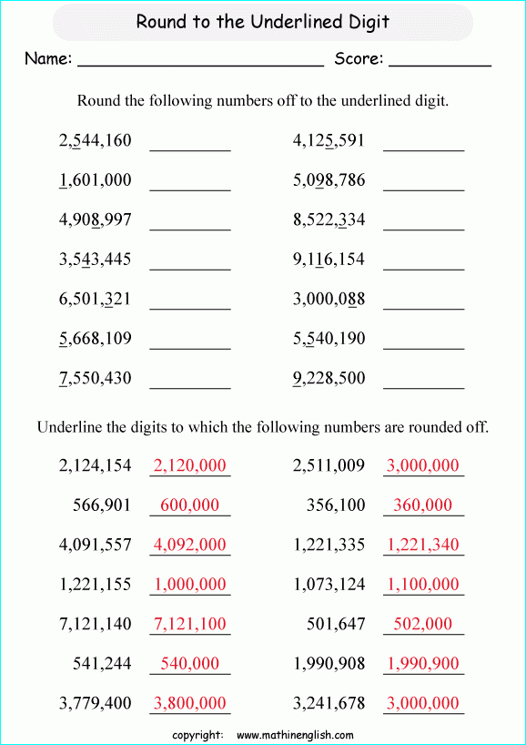 Round These Numbers Off To The Underlined Digits Grade 5 Rounding 