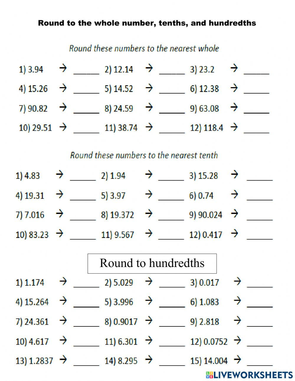 Rounding Whole Numbers Decimals Tenths And Hundredths Worksheet