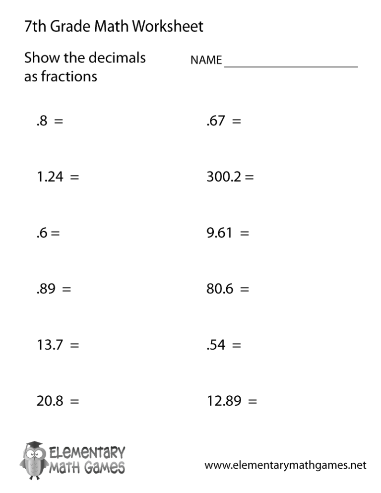 Decimal Fractions Grade 7 Worksheets - Decimalworksheets.net