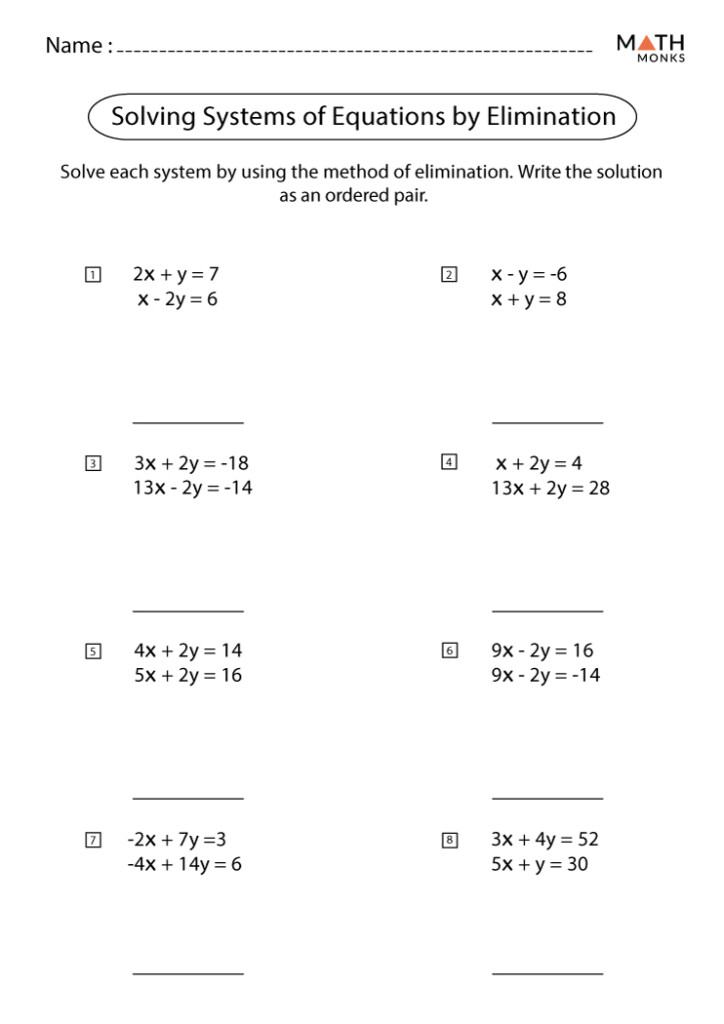 Solving Systems Of Equations By Elimination Worksheets Math Monks