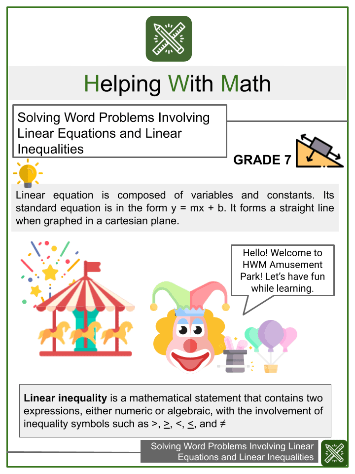 Solving Word Problems Involving Linear Equations Math Worksheets