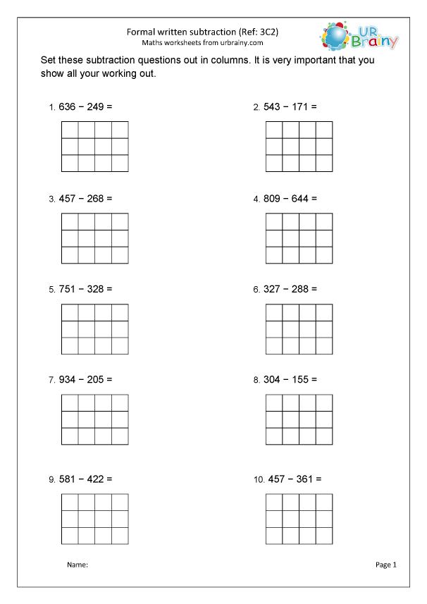 Subtract 3 digit Numbers 3C2 Arithmetic Paper Practice Maths 