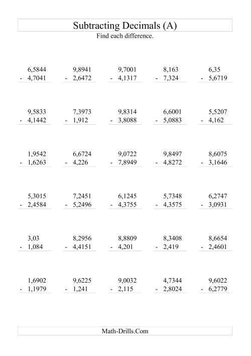 Subtracting Decimals Range 1 0001 To 9 9999 A 