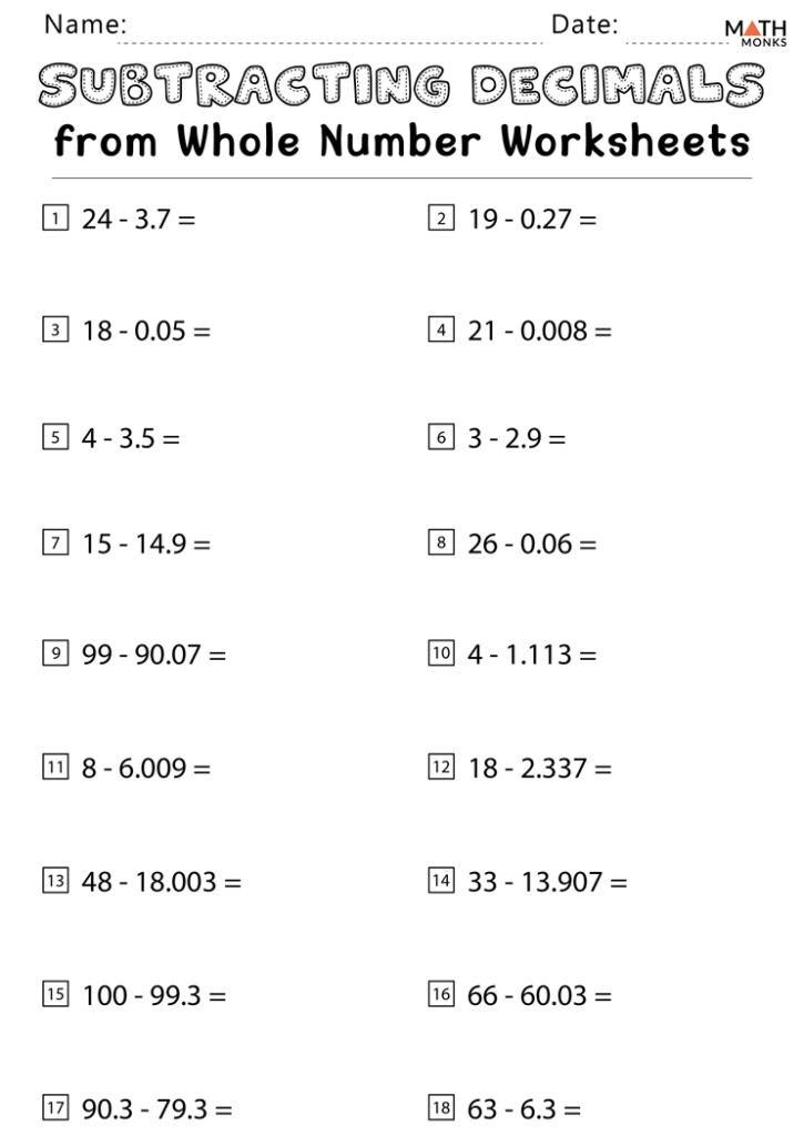 Subtracting Decimals Worksheets Math Monks