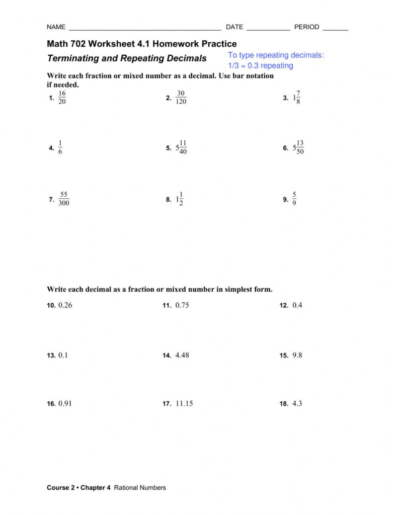 Terminating And Repeating Decimals Worksheet