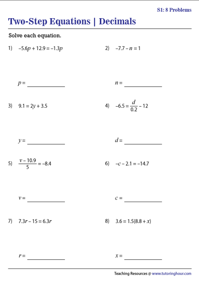 Two Step Equations With Decimals Worksheets