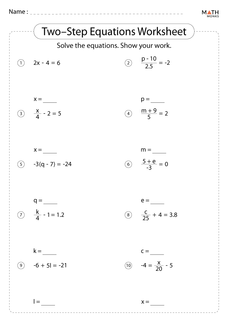 Two Step Equations Worksheets Math Monks