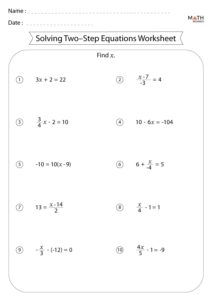 Two Step Equations Worksheets Math Monks