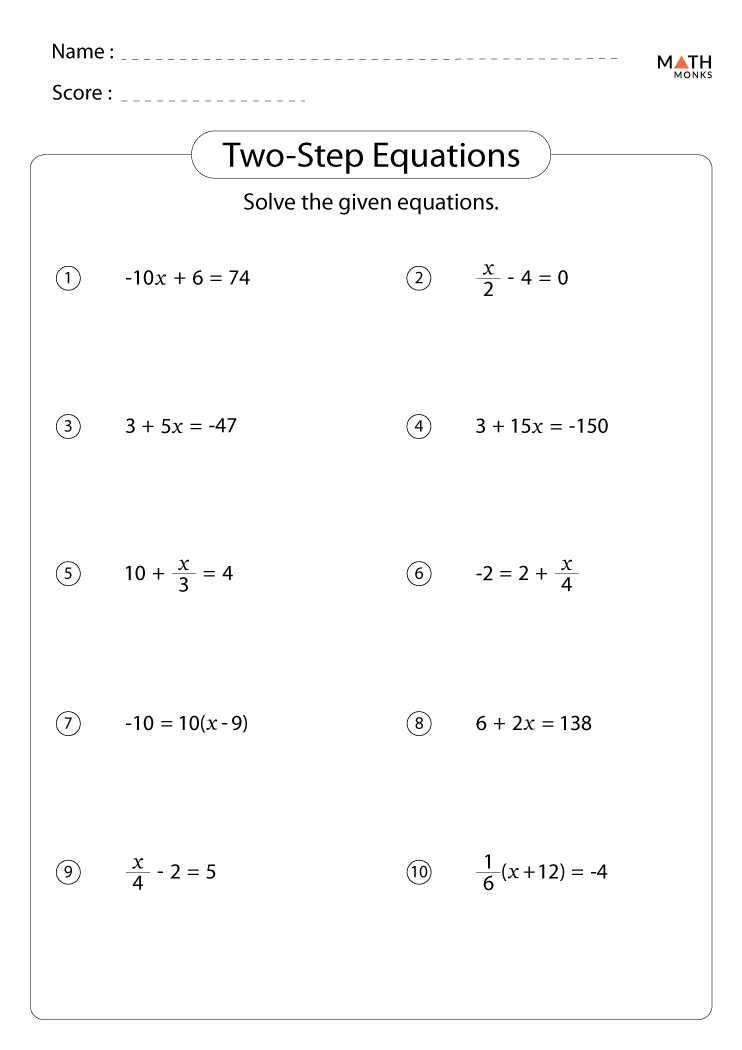 Two Step Equations Worksheets Math Monks