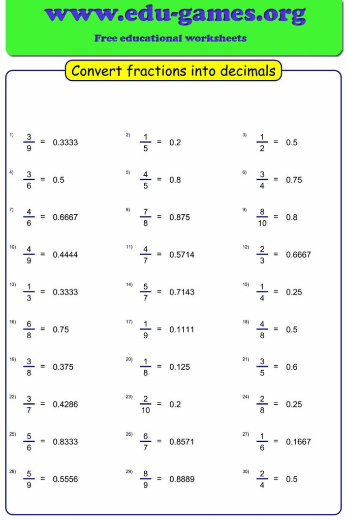 Worksheet Maker To Convert Fractions Into Decimals Fractions 