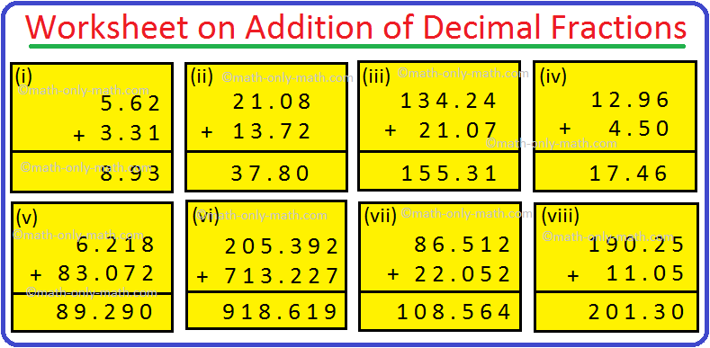 Worksheet On Addition Of Decimal Fractions Word Problems On Decimals