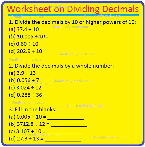 Worksheet On Dividing Decimals Huge Number Of Decimal Division Prob